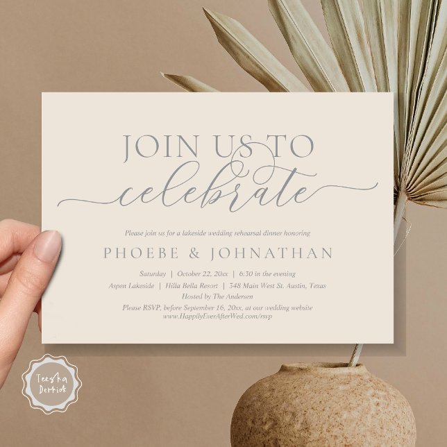 Convites Junte-Se A Nós Para Comemorar, Janto De Ensaio De  (Join Us To Celebrate, Romantic Wedding Rehearsal Dinner Invitation Card, PDF, in Grey and Cream)