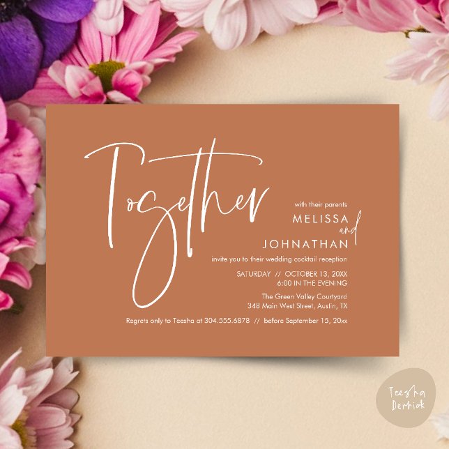 Convites Junto com seus pais, Recepção de casamento (Together with their parents, Wedding Reception Invitation Card PDF Modern clean Copper Brown)
