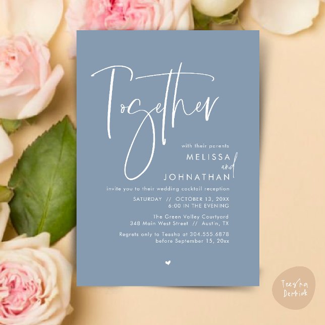 Convites Junto com seus pais, Recepção de casamento (Together with their parents, Wedding Reception Invitation Card PDF Modern clean Dusty Blue)