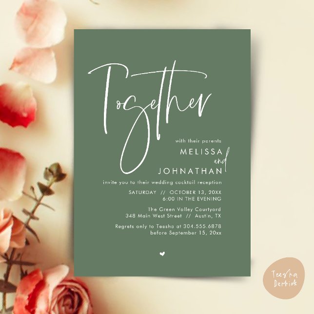 Convites Junto com seus pais, Recepção de casamento (Together with their parents, Wedding Reception Invitation Card PDF Modern clean Sage Green)