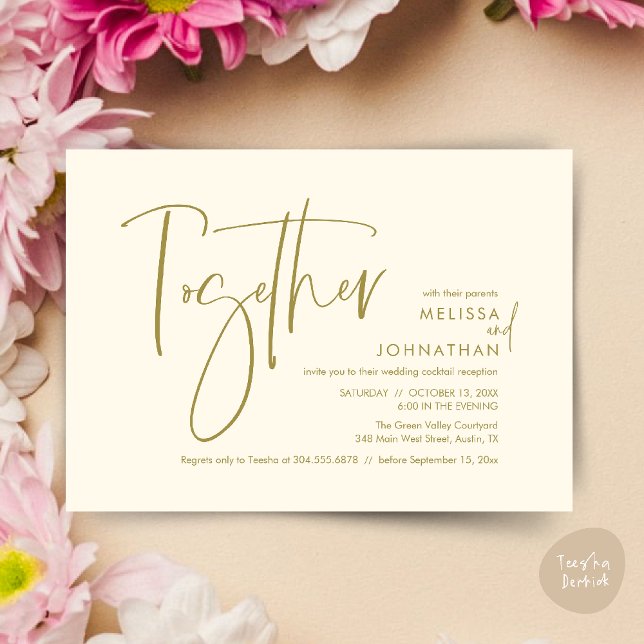 Convites Junto com seus pais, Recepção de casamento (Together with their parents, Wedding Reception Invitation Card PDF Modern clean Yellow Gold)