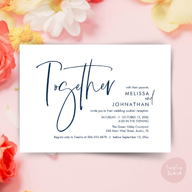Convites Junto com seus pais, Recepção de casamento (Together with their parents, Wedding Reception Invitation Card PDF Modern clean Navy Blue)