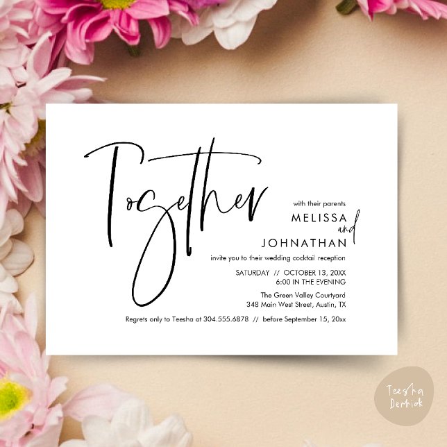 Convites Junto com seus pais, Recepção de casamento (Together with their parents, Wedding Reception Invitation Card PDF Modern clean black white)