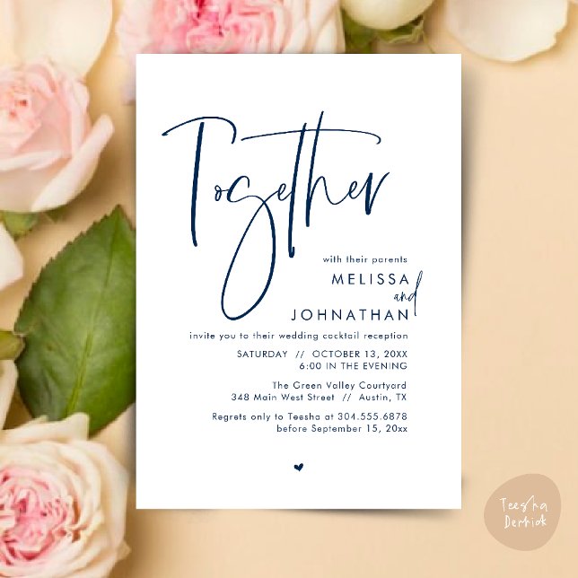 Convites Junto com seus pais, Recepção de casamento (Together with their parents, Wedding Reception Invitation Card PDF Modern clean Navy Blue)