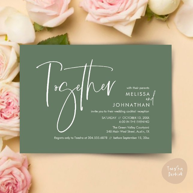 Convites Junto com seus pais, Recepção de casamento (Together with their parents, Wedding Reception Invitation Card PDF Modern clean Sage Green)