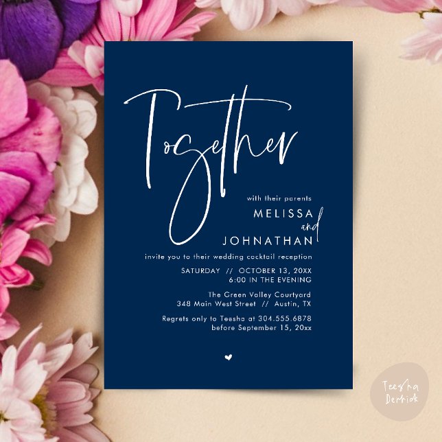 Convites Junto com seus pais, Recepção de casamento (Together with their parents, Wedding Reception Invitation Card PDF Modern clean Navy Blue)