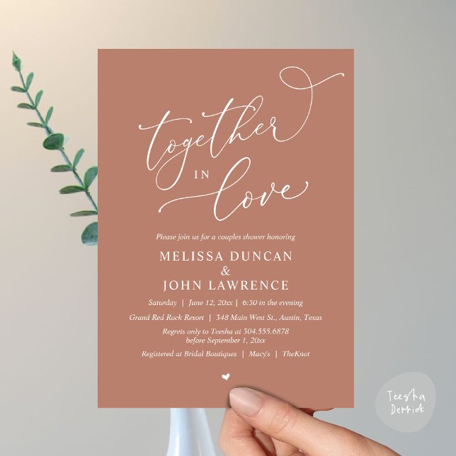 Convites Juntos no Amor, Festa Romântica de Chás (Together in Love, Romantic Couples Shower Party Invitation Card PDF modern minimalist Earthy Brown)