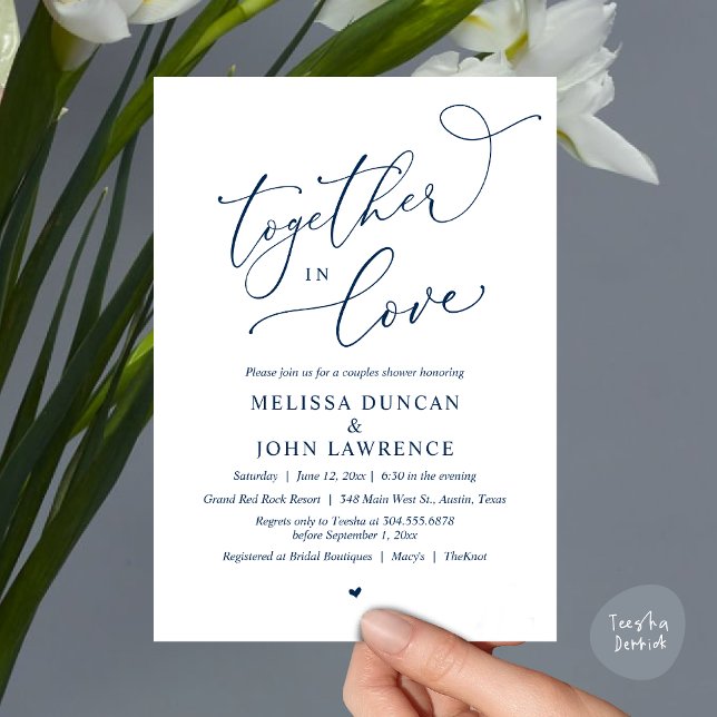 Convites Juntos no Amor, Festa Romântica de Chás (Together in Love, Romantic Couples Shower Party Invitation Card PDF modern minimalist Navy Blue)