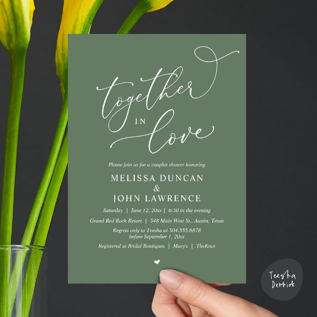 Convites Juntos no Amor, Festa Romântica de Chás (Together in Love, Romantic Couples Shower Party Invitation Card PDF modern minimalist Sage Green)