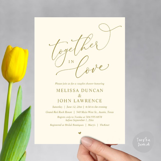 Convites Juntos no Amor, Festa Romântica de Chás (Together in Love, Romantic Couples Shower Party Invitation Card PDF modern minimalist yellow gold)