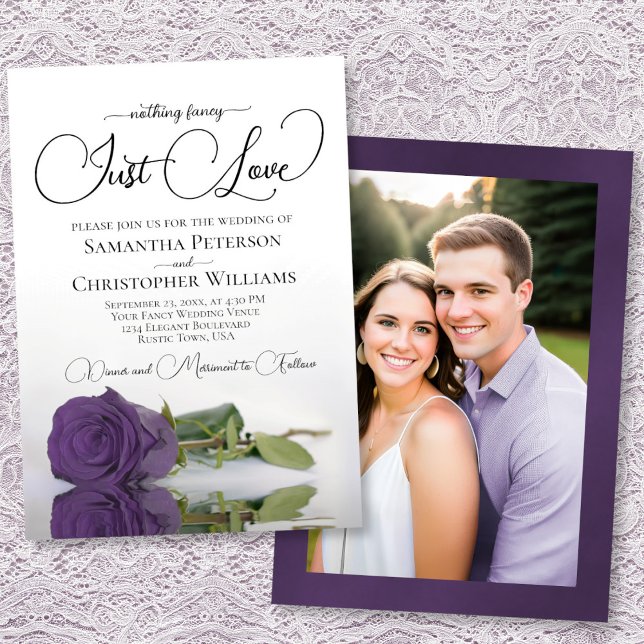 Convites Just Love Elegant Amethyst Rose Wedding Photo Back (Front/Back)