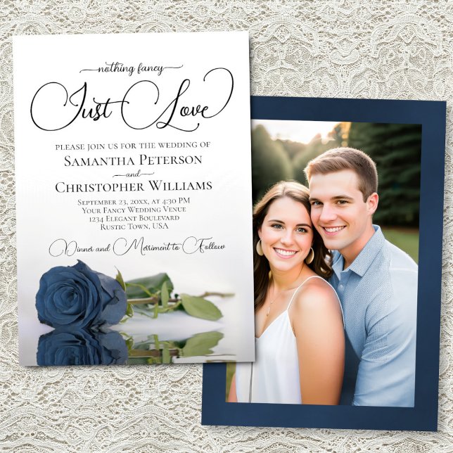 Convites Just Love Elegant Steel Blue Rose & Photo Wedding (Front/Back)