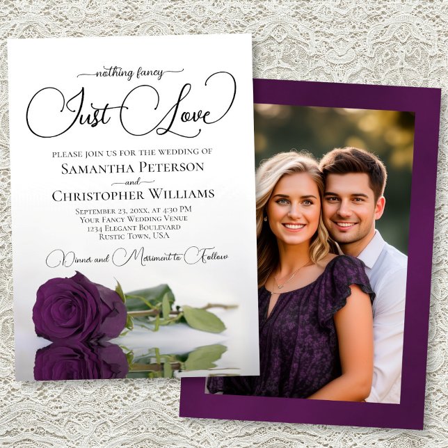 Convites Just Love Plum Purple Rose Photo on Back Wedding (Front/Back)