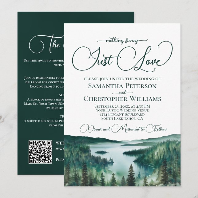 Convites Just Love Rustic Lake Tahoe QR Code Wedding  (Frente/Verso)