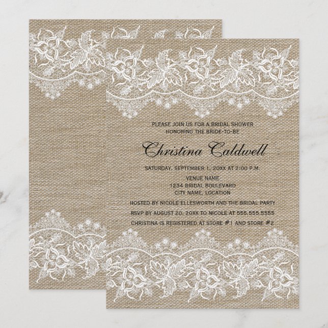 Convites Juta russa e Chá de panela de aparência de rendas (Frente/Verso)