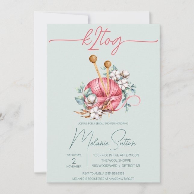 Convites k2tog, Chá de panela de tricô de algodão azul e ro (Frente)