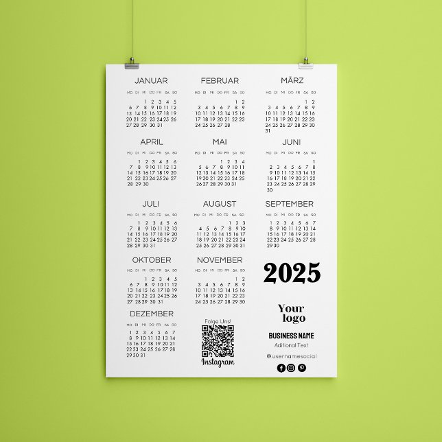Convites Kalender Deutsch 2025 Calendário de Ano de Cheio Q (Kalender Deutsch 2025 Full Year Calendar Qr Code Invitation)