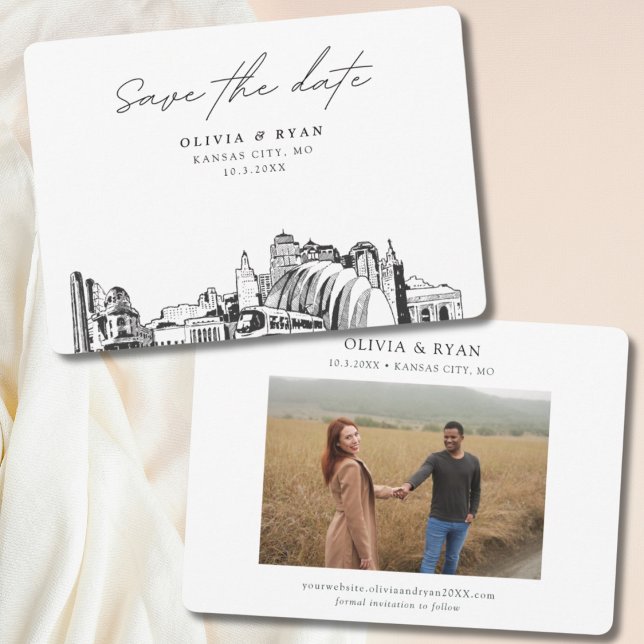 Convites Kansas City Wedding Modern Salve a Data (Kansas City wedding save the date skyline sketch with engagement photo)