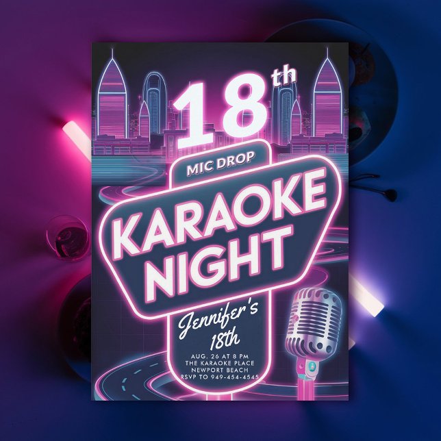 Convites Karaoke 90s Neon Pink Brilho Y2K 18º Aniversário (18th birthday party for girls karaoke night neon glow 90s millenial y2k funky chic)