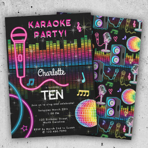 Convites Karaokê Neon Brilho Aniversário Cantando Música Fe