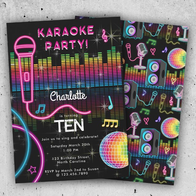 Convites Karaoke Neon Glow Birthday Singing Music Party  (Karaoke Neon Glow Birthday Singing Music Party Invitation)