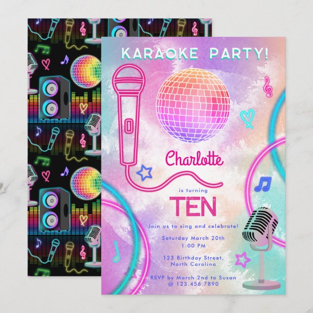 Convites Karaoke Neon Glow  Tie Dye Birthday Party  (Frente/Verso)
