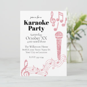 Convites Karaoke Party Pink Glitter Music Notes em Branco