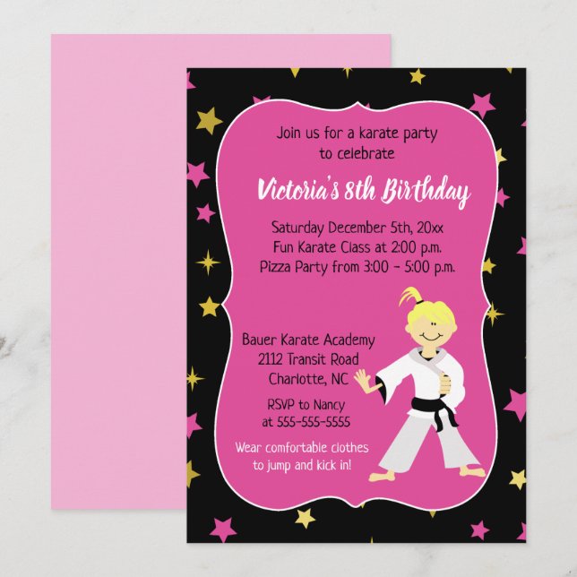 Convites Karate Birthday Invitation Girl Black Belt (Frente/Verso)