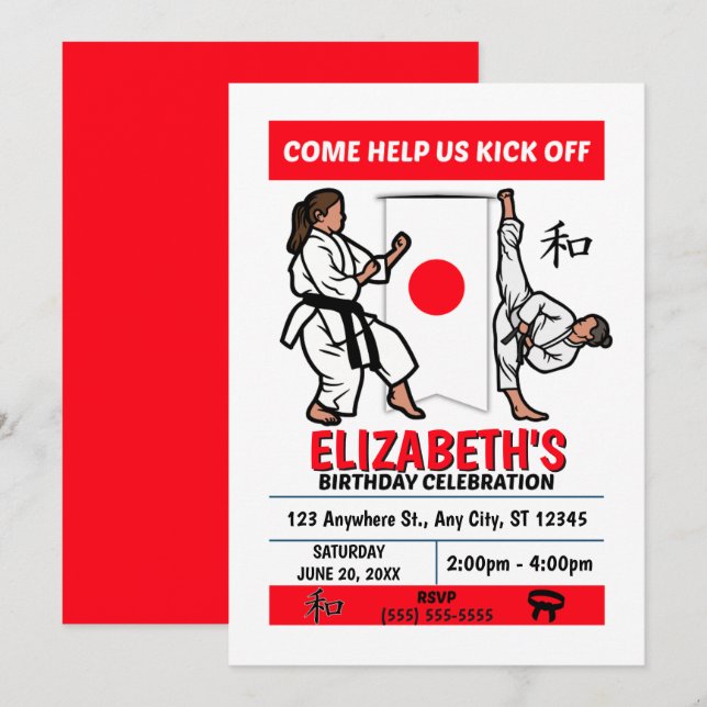 Convites Karate Birthday Party Invitation (Girls) (Frente/Verso)