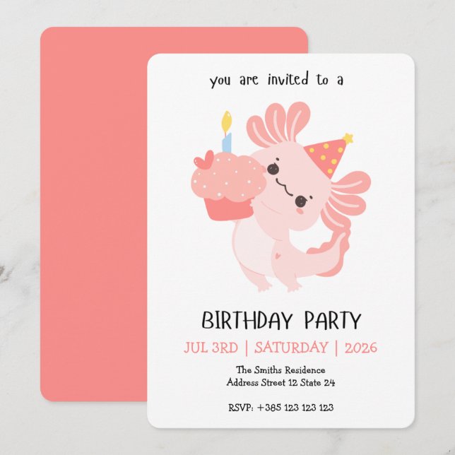 Convites Kawaii Axolotl Birthday Party Invitation (Frente/Verso)