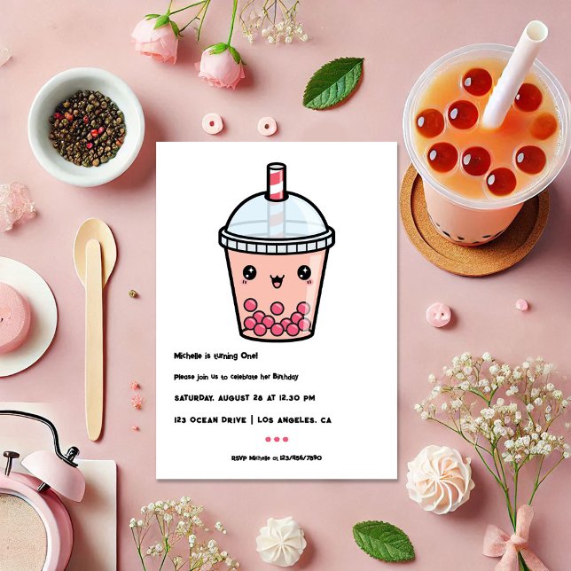 Convites Kawaii Boba Tea First Foto de Festa de aniversário (Kawaii Boba Tea First Birthday Party Photo Invitation)