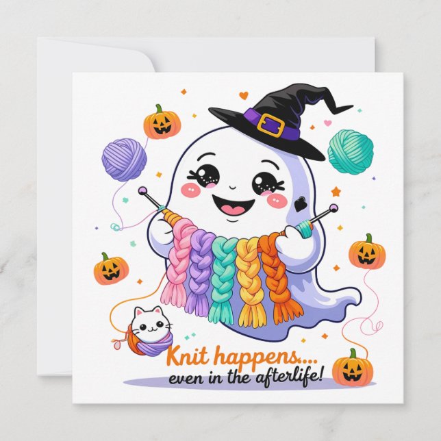 Convites Kawaii Ghost Knitting Halloween Vinheta (Frente)