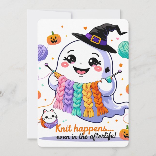 Convites Kawaii Ghost Knitting Halloween Vinheta (Frente)