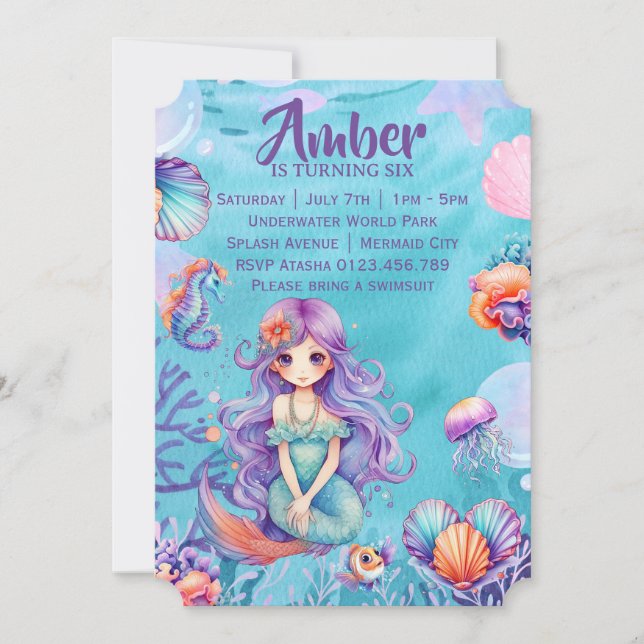 Convites Kawaii Mermaid Party (Frente)
