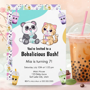 Convites Kawaii Panda & Tiger Bubble Tea Aniversário de cri