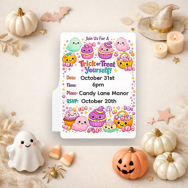 Convites Kawaii Pastel Chibi Fantasma Halloween (Criador carregado)