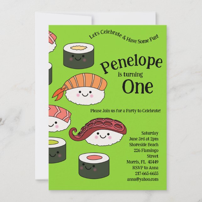 Convites Kawaii, primeiro aniversario de Crianças Sushi Cut (Frente)