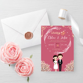 Convites Kawaii Rosa E Tema Dourado Do Casamento De Casais