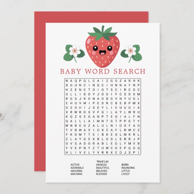Convites Kawaii Strawberry Baby Shower Word Search Game (Frente/Verso)