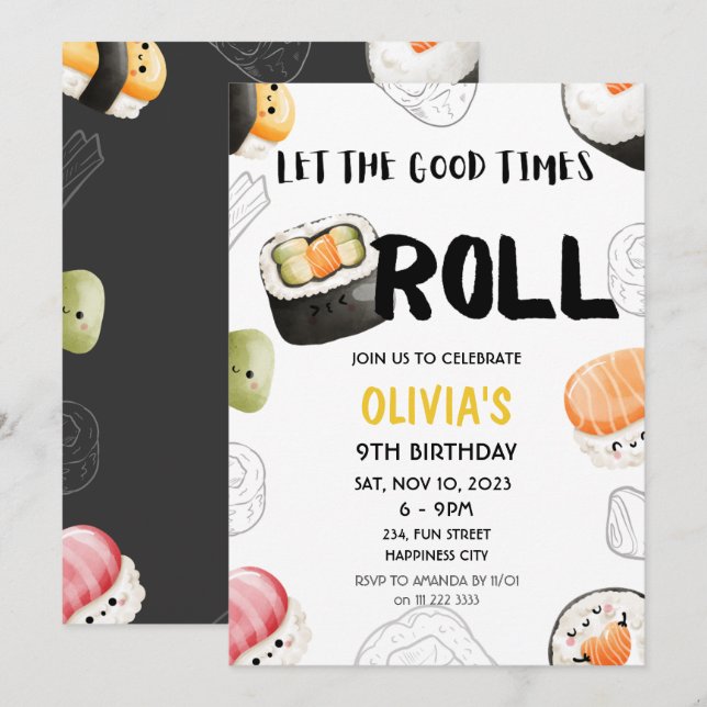 Convites Kawaii Sushi Good Times Roll Kids Adulto Aniversár (Frente/Verso)