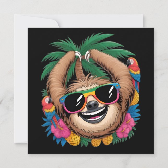 Convites Kawaii Tropical Sloth – Cute Summer Vibes Rainbow  (Frente)