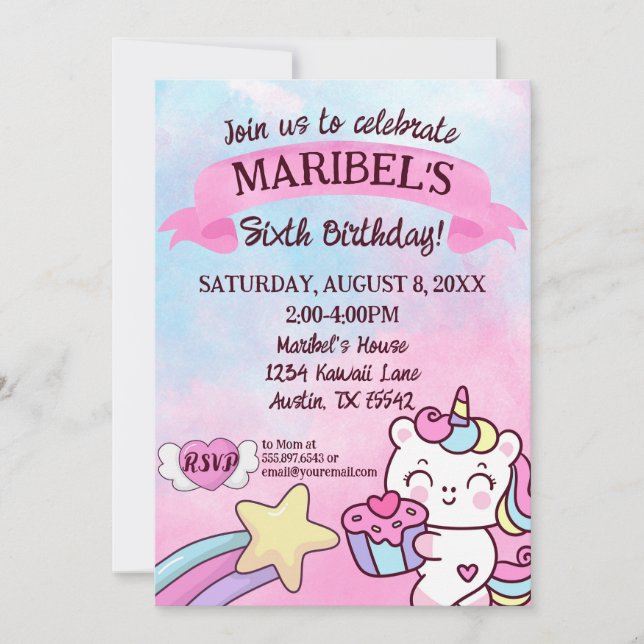 Convites Kawaii Unicorn Rainbow Pink Blue Birday (Frente)