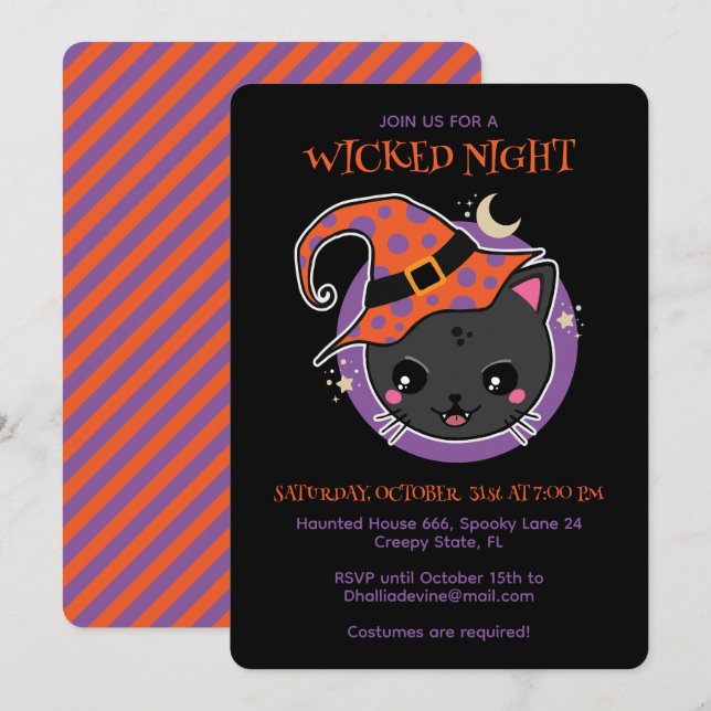 Convites Kawaii Witch Cat Halloween Party (Frente/Verso)