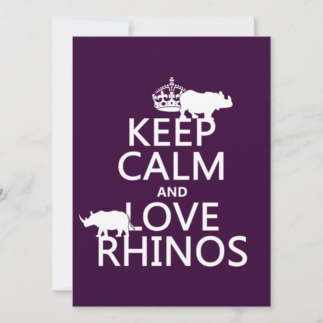 Convites Keep Calm and Love Rhinos (qualquer cor de fundo) (Frente)