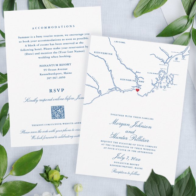 Convites Kennebunkport Código QR de confirmação de casament (These double sided Kennebunkport Wedding invitations save paper and stamps with a QR code RSVP)