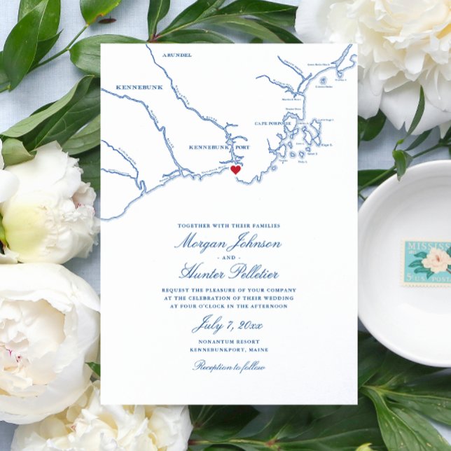 Convites Kennebunkport Maine Mapa Naval Elegante Casamento (Navy Blue Kennebunkport Map Wedding invitations for a destination wedding at Nonantum Resort)