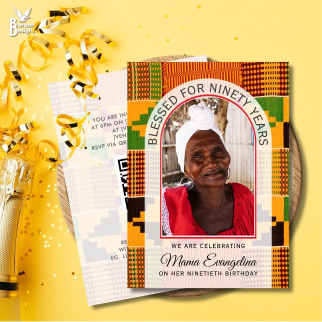 Convites Kente Photo BLESSED 90TH BIRTHDAY (BLESSED FOR NINETY YEARS ethnic kente photo design for 90th birthday celebrations)