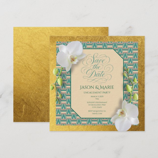 Convites Kente Save the Date Invitation Teal & Gold (Frente/Verso)