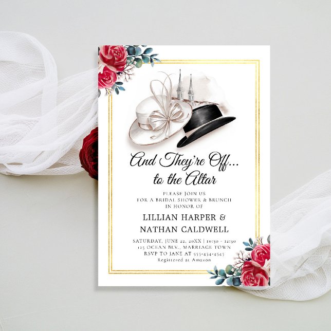 Convites Kentucky Derby Hats Chá de panela Double Frame (kentucky derby bridal shower invitation wedding red roses churchill spires horse racing double frame)