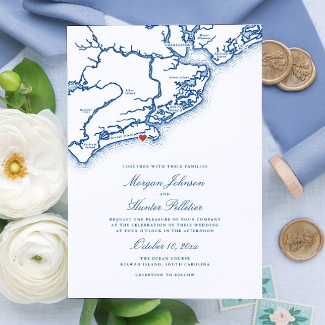 Convites Kiawah Island SC Map Elegante Marinho Casamento Az (Kiawah Island SC Map Wedding Invitation for an Elegant Navy Blue Destination Wedding )